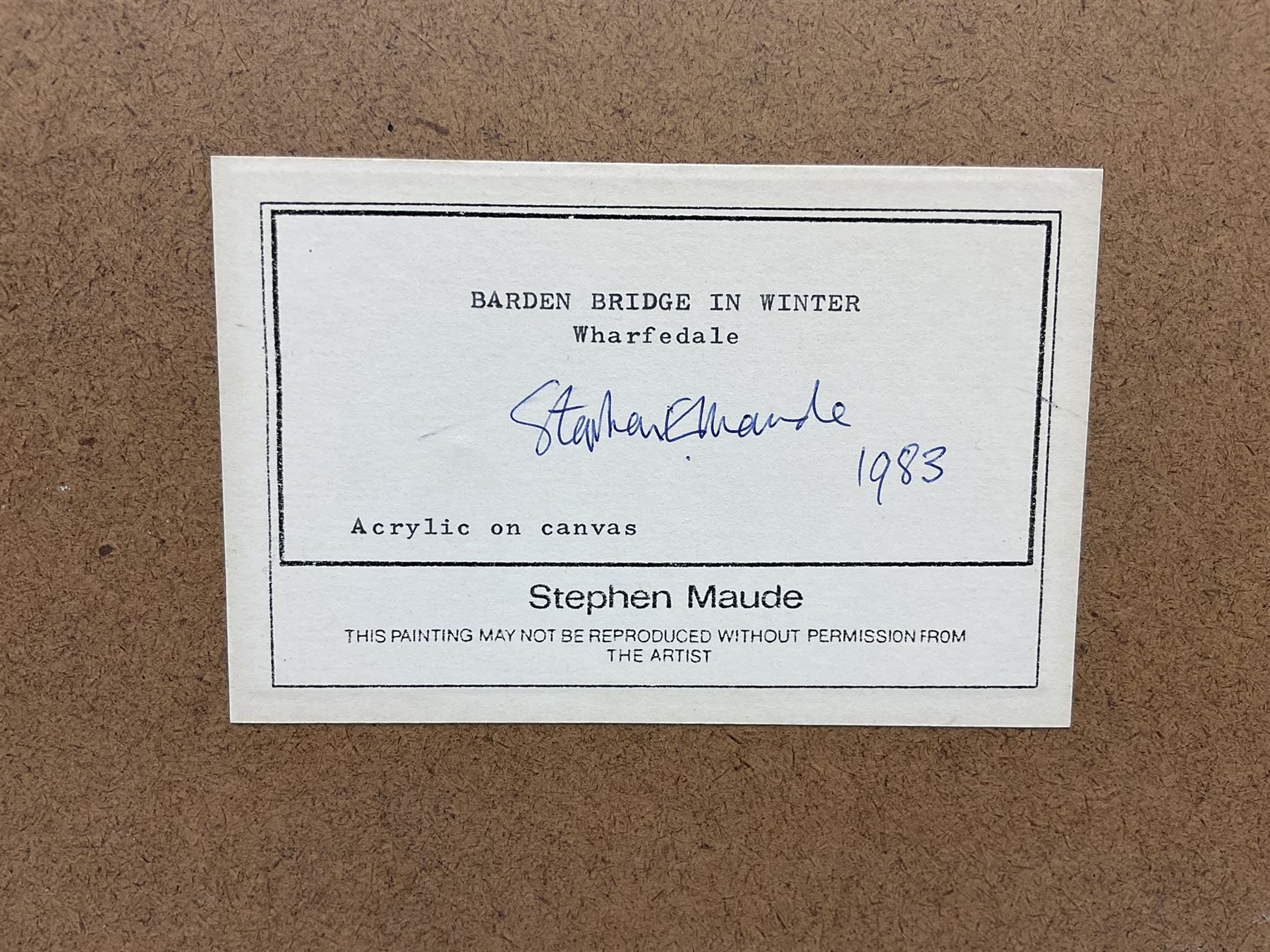 Stephen Maude (British 1919-): 'Barden Bridge Wharfedale in Winter', acrylic on canvas board signed, titled signed and dated 1983, 42cm x 67cm