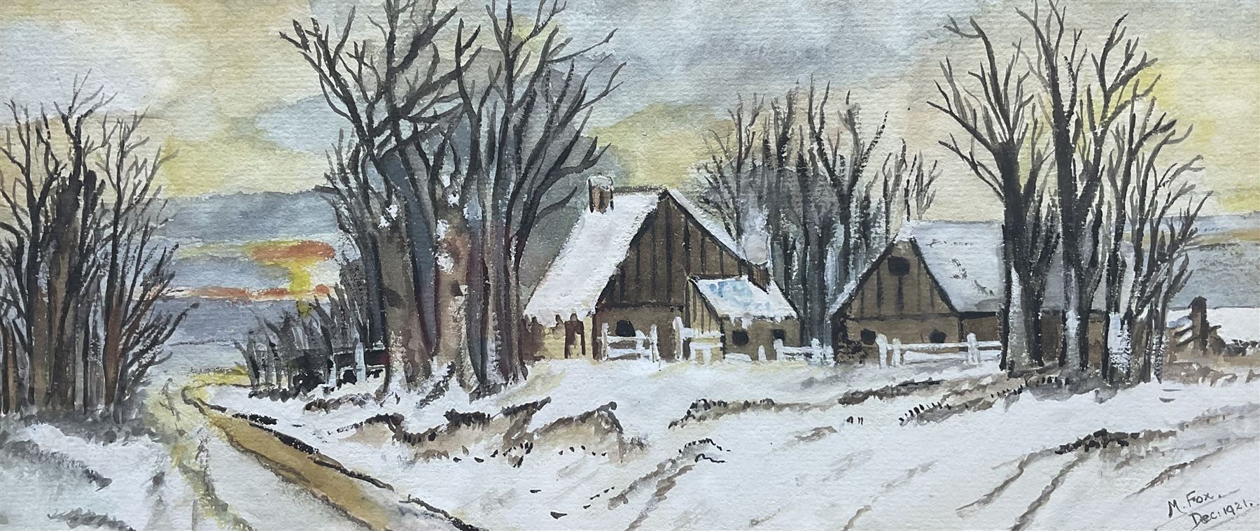 M Fox (British Early 20th Century): Winter Cottages at Dusk, watercolour signed and dated 1921, 15cm x 34cm