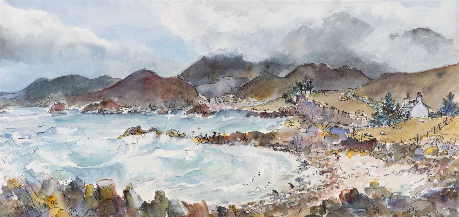Gill Douglas (Northern British 1944-): 'Smoke on the Mountain I - An Teallach (the Forge) in the mist with Gruinard Bay from Laide - Wester Ross', watercolour signed, titled and dated 1998 verso with the artist's York address label 16cm x 34cm
Notes: Originally from Newcastle upon Tyne, at the age of 28 Gill moved to study Theatre Design at Art College in Nottingham. On completion of her Diploma, in 1976, she moved to York to establish herself as an artist and print maker.