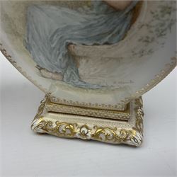 Pair of Copelands enamel jeweled twin handle vases, each decorated with a seated female figures, makers mark beneath, H22cm