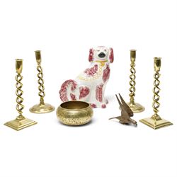 Two pairs of brass candlesticks, brass bird and bowl, and Staffordshire dog (7)