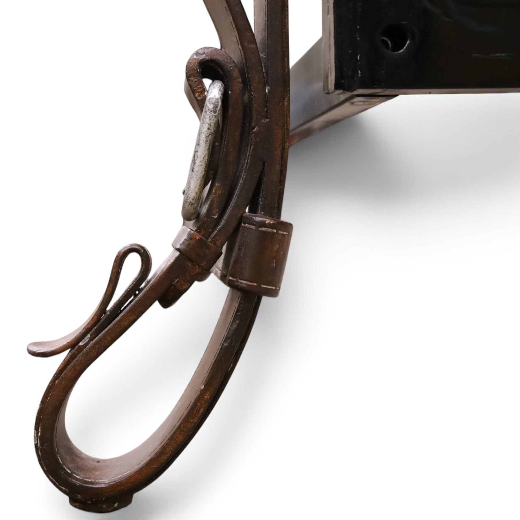 And So To Bed - 'Handel' double bed in the style of Jacques Adnet for Hermes, the metal head and footboards with equestrian tack style leather covering