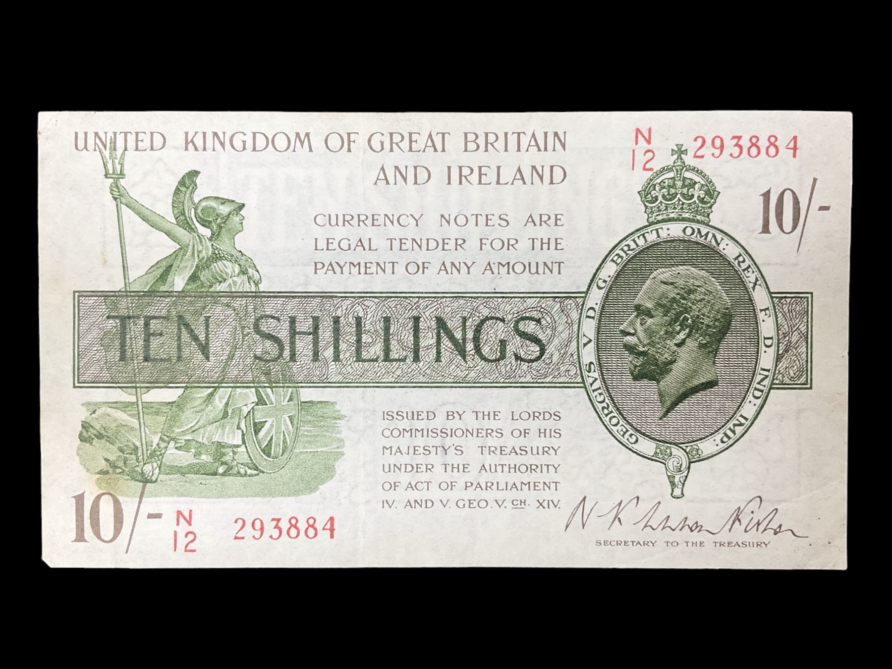 United Kingdom of Great Britain and Ireland Fisher second issue ten shillings banknote ‘N12 293884’