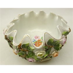  Dresden two handled jardiniere the exterior applied with encrusted flowers and central panel hand painted with floral sprays, underglaze blue mark to base, W21cm   