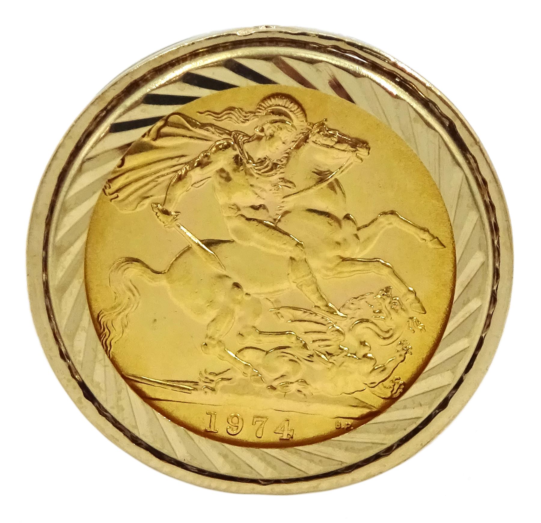 Queen Elizabeth II 1974 gold full sovereign, loose mounted in 9ct gold ring, hallmarked