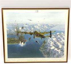 After Gerald Coulson, signed limited edition Solomon & Whitehead print with Fine Art Guild stamp entitled 'The Sinking of the Tirpitz' depicting an Avro Lancaster dropping its tallboy bombs on Tirpitz No.448/500, the mount signed by the artist and twenty members of 9th Squadron 60 x 72cm, mahogany stained frame