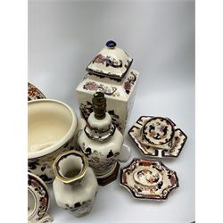 A group of Masons Ironstone Mandalay pattern wares, to include table lamp, including fixture overall H29.5cm, large square sided jar and cover, H35cm, pair of photograph frames, planter with twin lug handles, mantel clock, wall clock, vase, jug, various trinket dishes and boxes, etc., plus a Masons Franklin pattern plate. 