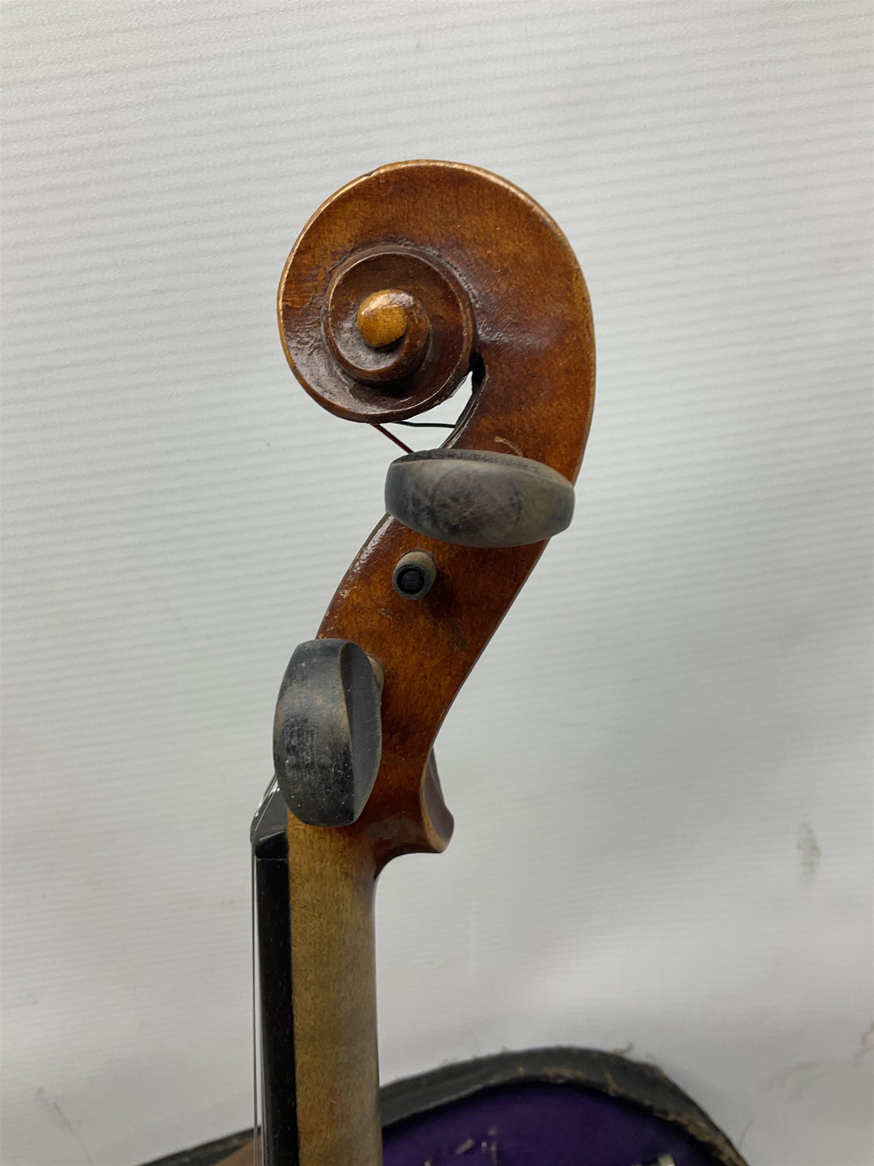 German trade violin c1900 the 36cm two-piece maple back impressed 'Stainer', maple ribs and spruce top, bears label 'Jacobis Stainer in Absam prope Oenipontum 17**' L59cm; in carrying case marked 'The Improved Dome' with bow