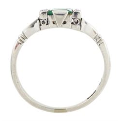 Early 20th century platinum emerald cut emerald and eight stone single cut diamond ring, stamped PT, emerald approx 0.70 carat