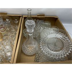 Assorted glassware, to include drinking glasses of various size and form, including sets of six, decanter and stopper, plates, bowls, etc., in two boxes 