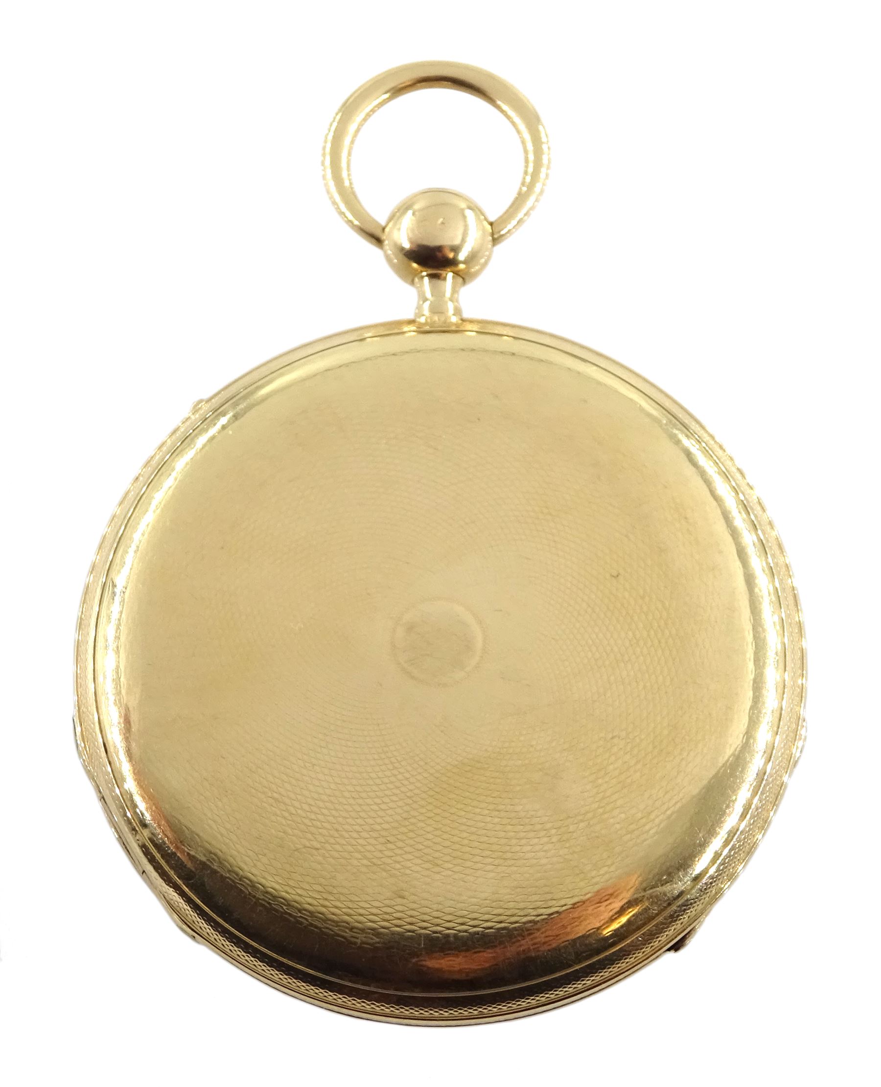 18ct gold open face key wound quarter repeating Swiss lever pocket watch by Garni en Pierre, No. 5090, the gold dust cover inscribed 'Echappement Libre a Ancre', plunge repeat in the pendant, silver engine turned dial with Roman numerals and subsidiary seconds dial