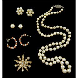Pair of gold coral and pearl earrings, two pairs of gold pearls stud earrings and a gold pearl brooch, all 9ct and a graduating pearl necklace, with silver clasp
