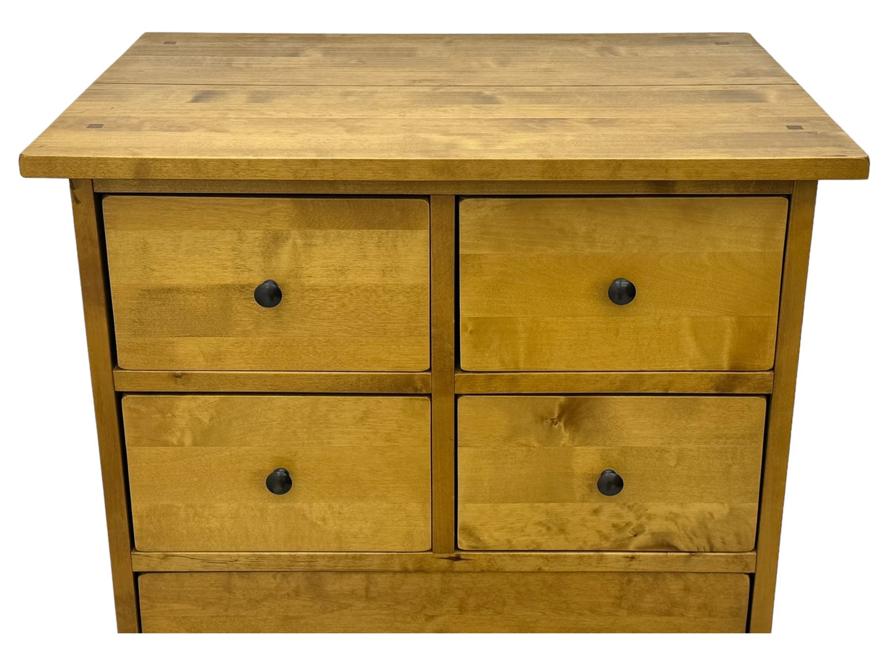 Laura Ashley - contemporary oak tall chest of drawers from the Garrat range, honeycomb rectangular top featuring central groove, over four small drawers with brass knob pulls and four long drawers with drop handles, on plinth base