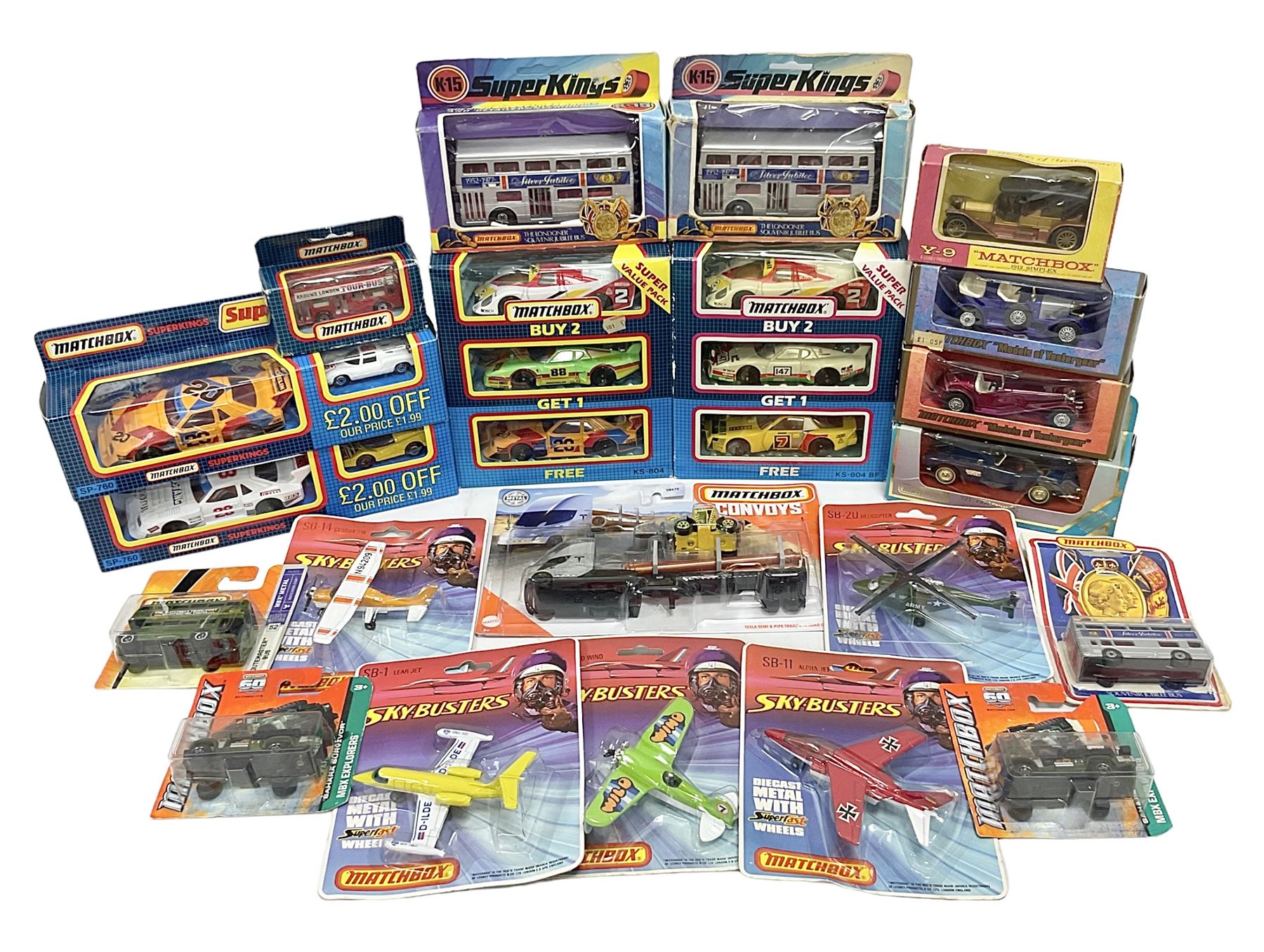 Matchbox - twenty-one die-cast models/sets including two x Superkings K-15; two x Superkings SP-760; two x Super Value Pack KS-804; five Skybusters; Convoys GBK70; Models of Yesteryear etc; all boxed/blister packed (21)