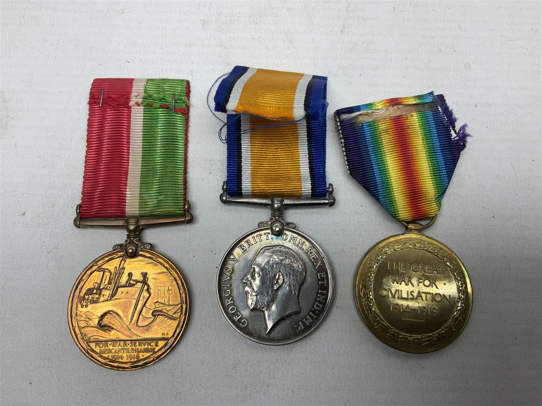 WW1 pair of medals comprising British War Medal and Victory Medal awarded to 2246 Pte. F. Lane York. R.; and WW1 Mercantile Marine Medal to James Carwell-Cooke; all with ribbons (3)