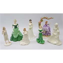  Five Royal Worcester figures: Catherine Duchess of Cambridge, Special Day - New Born, Susannah, Moments - Mothers Love and Birthstone Crystal - Gemini and Coalport The Birthstone Collection October-Opal & Brompton & Cooper 'Rose Garden' figure, as new, boxed (7)  