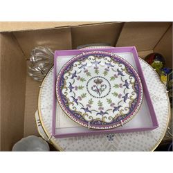 Twenty seven Porcelain Art miniature teapots, with wooden display together with a collection of other ceramics and glassware etc, including Goebel Hummel collectors plates, in three boxes,