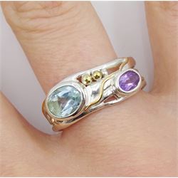 Silver and 14ct gold wire blue topaz and amethyst ring, stamped 925