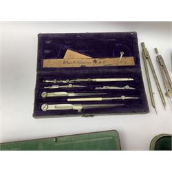 Negretti & Zambra drawing instrument set, the ruler with manuscript name 'F/Sgt. F. Hamilton R.A.F. 194(?)', cased; four other drawing instrument sets by Anker-Precision Germany, EcoBra, Temple etc, all cased; and quantity of loose drawing instruments