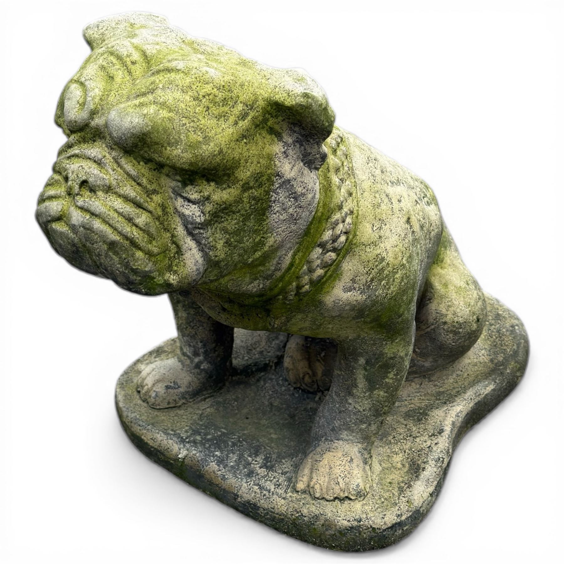 Pair of cast stone garden British bulldogs, on shaped plinths