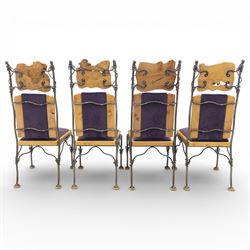 Paul Hodgkiss Designs of Glasgow - contemporary shaped elm dining table with wrought iron base; with set ten (8+2) matching high-back dining chairs, table of organic form above an elaborate wrought iron supports, with central elm stretcher, the chairs with en suite with matching wrought iron work burred elm headrest, purple velour upholstery with drop in seat     

Table: W 102cm, L 243cm, H 74cm
Chairs: W 56cm, D 52cm, H 130cm