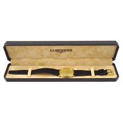 Longines gentleman's gold-plated and stainless steel quartz wristwatch, champagne dial with baton hour markers and date aperture, on original black leather strap with Longines gilt buckle
