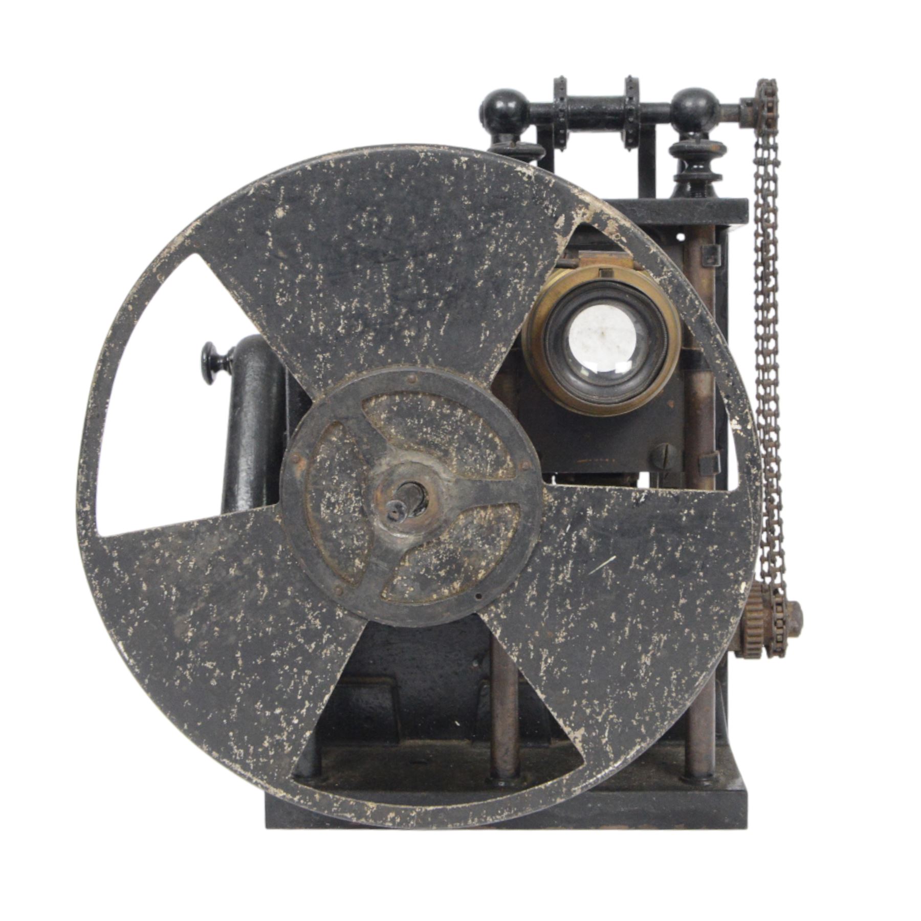 Early 20th century French cine film projector, impressed plate verso 'Pathe Freres Becker 23976', with geared mechanism, all mounted on a heavy black lacquered cast iron frame, H30cm