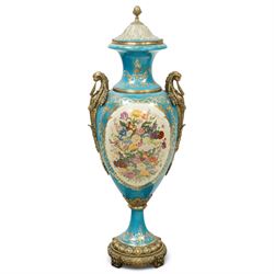 Large Sevres style floor vase and cover, celeste ground with painted floral panels, gilt m...