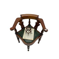 Captain Scott replica mahogany cabin chair, corner shaped with studded leather seat, with miniature prototype and paperwork