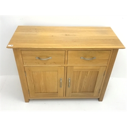  Light oak sideboard, two drawers above two cupboards, W98cm, H77cm, D43cm  