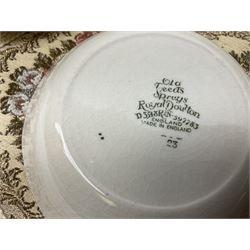 Royal Doulton part dinner service in Old Leeds Sprays pattern,  to include cheese dome, teapot and stand, egg cups etc, together with a selection of floral doilies.  