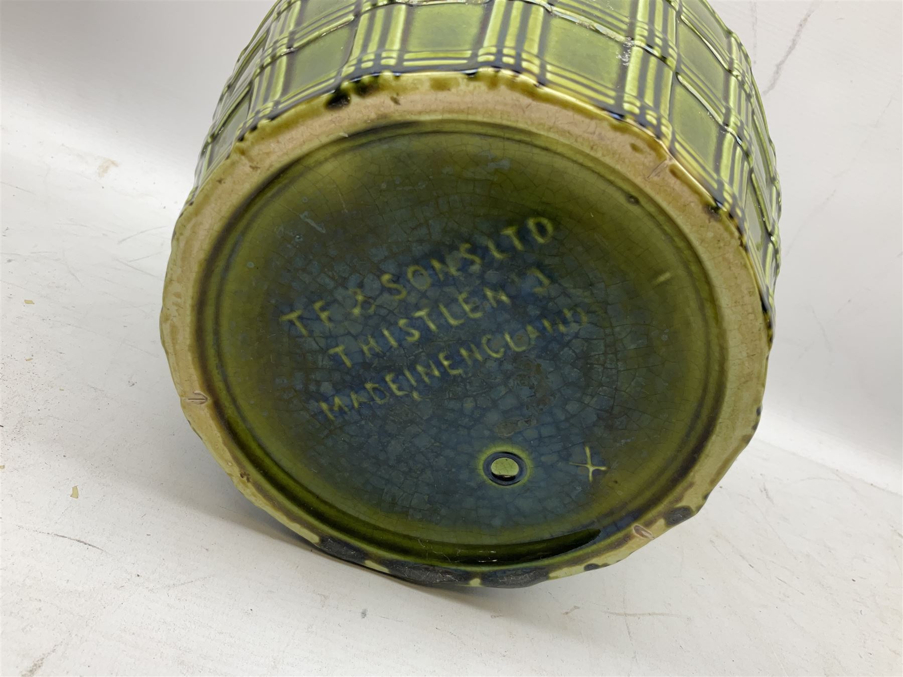 Three jardinières comprising West German Gerz example decorated in relief, Doulton Slaters example with frilled everted rim and a majolica example, and a further two Arthur Wood majolica jugs (5)