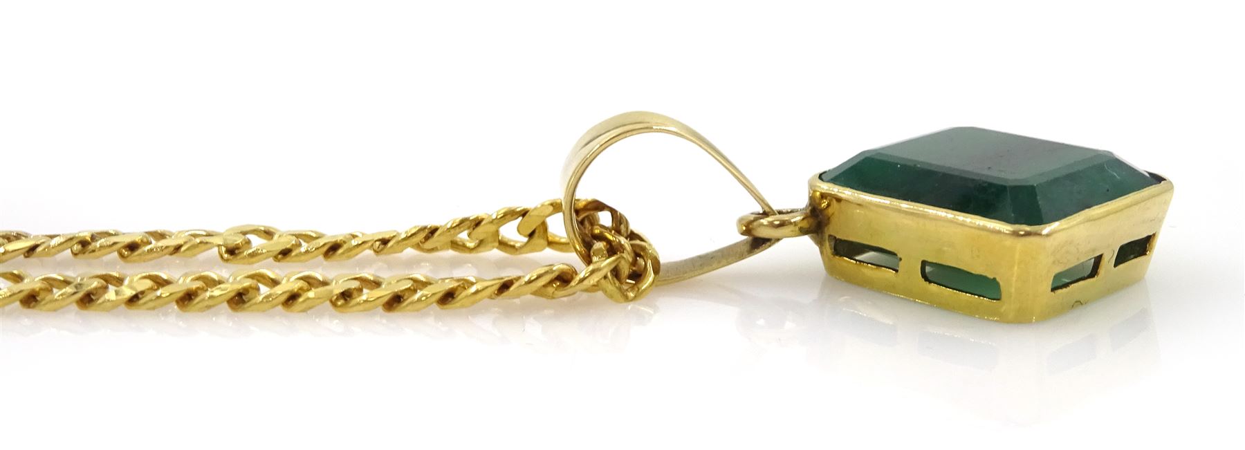 Gold single stone square cut emerald pendant, on gold curb link chain necklace set with two oval cut emeralds, both 9ct, emerald approx 12.00 carat