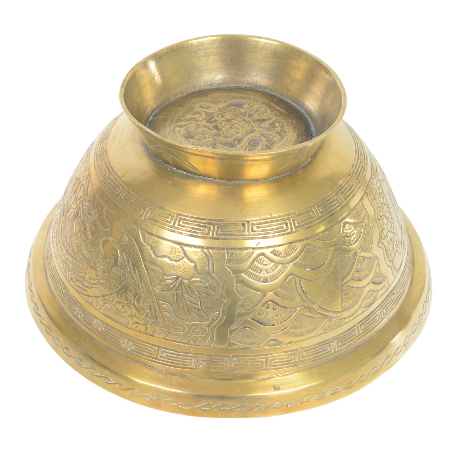 Chinese brass bowl, decorated to the outside with dragons,  upon a circular base, cast seal mark to base, D26cm