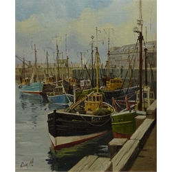  Don Micklethwaite (British 1936-): Fishing Boats in Scarborough Harbour, oil on canvas board signed 59cm x 49cm  DDS - Artist's resale rights may apply to this lot     