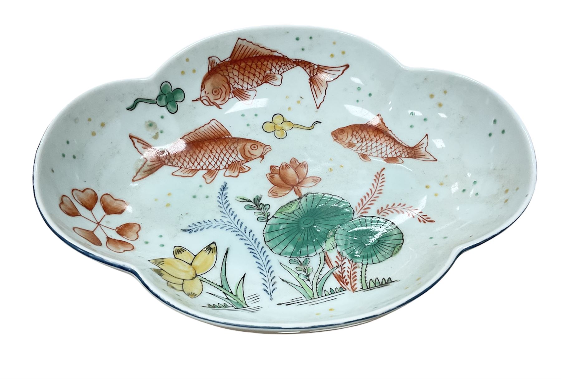 Oriental bowl of shallow form decorated with painted koi fish and sea plants, L25cm