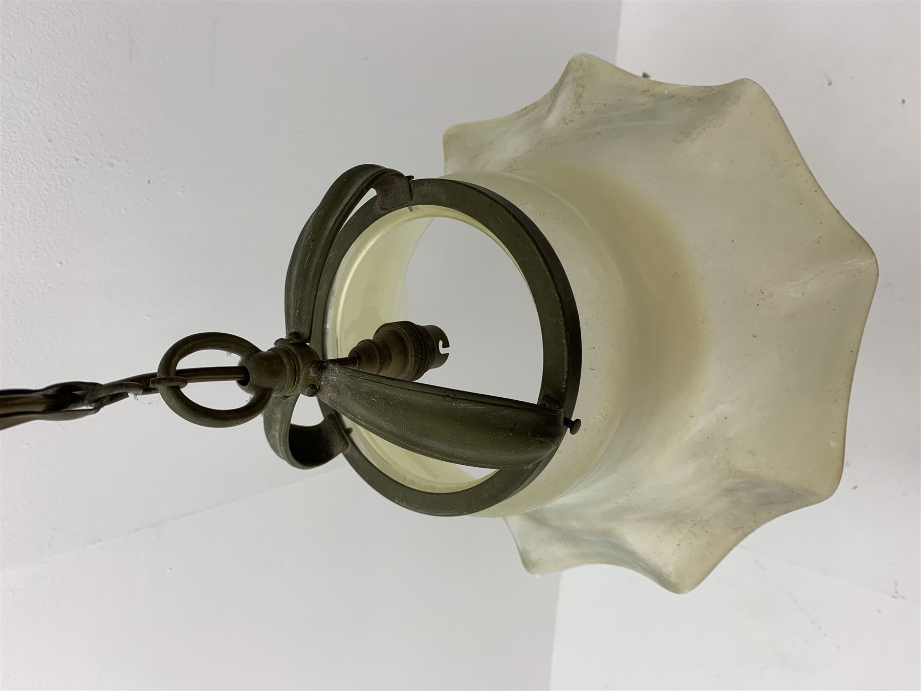 Large early 20th century Vaseline glass shade, with frilled rim and brass mount, rim D38cm