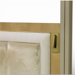 Contemporary maple and inlaid brass Emperor sized four poster bed, rectangular canopy frame with square section uprights, panelled headboard incorporating a padded upholstered inset, flanked by brass reading light fittings, low footboard with moulded panel detail, raised on square inlaid brass supports