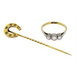 Early 20th century 18ct gold three stone old cut diamond ring, stamped 18ct Pt, total diamond weight approx 0.25 carat and a Victorian 9ct gold diamond horseshoe stick pin, hallmarked
