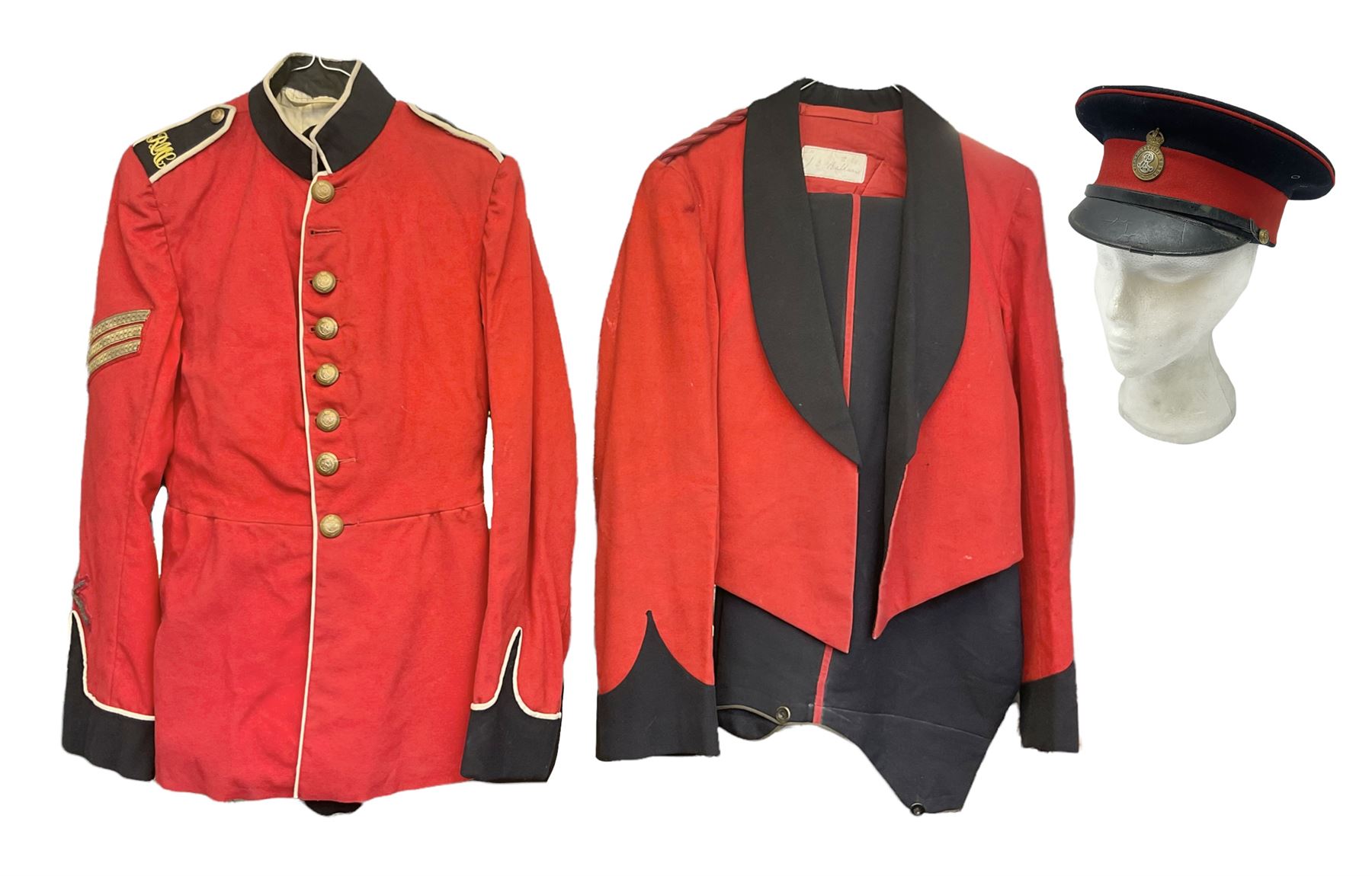 Royal Military College Sandhurst parade uniform with peaked cap and two-piece mess dress, all bearing historic manuscript labels for J.E.A. Baldwin, possibly Air Marshal Sir John Eustace Arthur Baldwin (1892-1975) who served in the British Army 1910-18 & 1944-58 and in the RAF 1918-44.