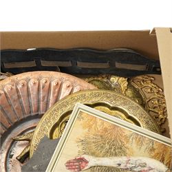 Collection of Indian Dokhra figures, horse brasses, painted Burmese figure, ammonite fossils etc