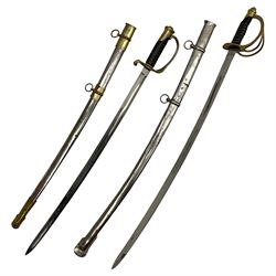 Reproduction American Civil War Cavalry trooper's sword, the 88cm slightly curving fullered steel blade marked to the ricasso 'Ames & Co Chicopee Mass.' and 'US ADK 1862'; brass hilt and leather covered grip; in steel scabbard L110cm overall;  and another reproduction sword (2)