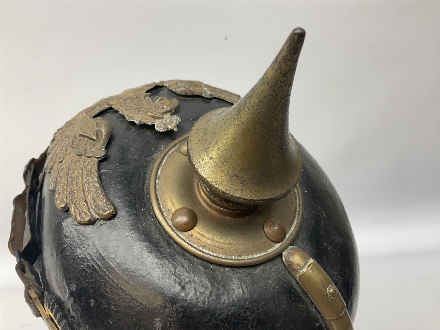 WW1 German leather Pickelhaube helmet with brass plate for Baden regiment, leather strap and leather part only of liner