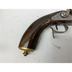 SECTION 1 FIREARMS CERTIFICATE REQUIRED OR REGISTERED FIREARMS DEALER - Pair of Reproduction Continental .44 calibre percussion target pistols, each with heavy 23.5cm octagonal to round barrel bearing various marks, crude scroll engraving to lock plate, hammer and octagonal section of barrel, unchequered walnut stock with brass butt plate and steel hooked trigger guard, numbered 8138 & 8164, L41.5cm overall; in maroon baize lined converted sapele mahogany fitted case bearing reproduction trade label for Trulock & Son Dublin containing small copper powder flask, steel scissor action bullet mould, nipple key, turned wooden mallet and lidded box, steel rammer and wooden cleaning rod, case L48cm