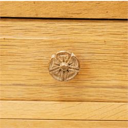 Beaverman - 1980s adzed oak sideboard raised on a trestle base, three drawers over three cupboards with Yorkshire Rose carved handles, fielded panelled sides and front, with carved Beaver, by Colin Almack of Sutton near Thirsk
