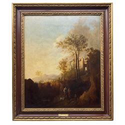 Jan Dircksz Both (Dutch 1615/18-1652) and Andries Both (Dutch 1612/1613-1642): Shepherd and Wife within an Italian Landscape, oil on canvas attributed and titled on the mount 60cm x 50cm 
Provenance: previously owned by the Countess Michalowski, Cork 
Notes: this picture captures the typical golden Italian light and shadowy foreground that Both highlighted in many of his works from the 1630s and early 40s. It is likely the figures were executed by his elder brother Andries, who drowned in Venice 1642.