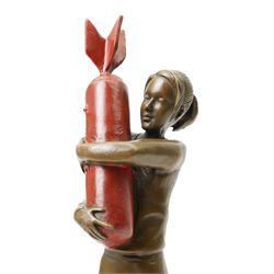After Banksy - 'Bomb Love', bronze figure of a girl holding bomb, bearing signature, on marble base, overall H32.5cm