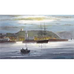  Boats in Scarborough Harbour at Dusk, 20th century oil on board signed by Robert Sheader 30cm x 48cm   