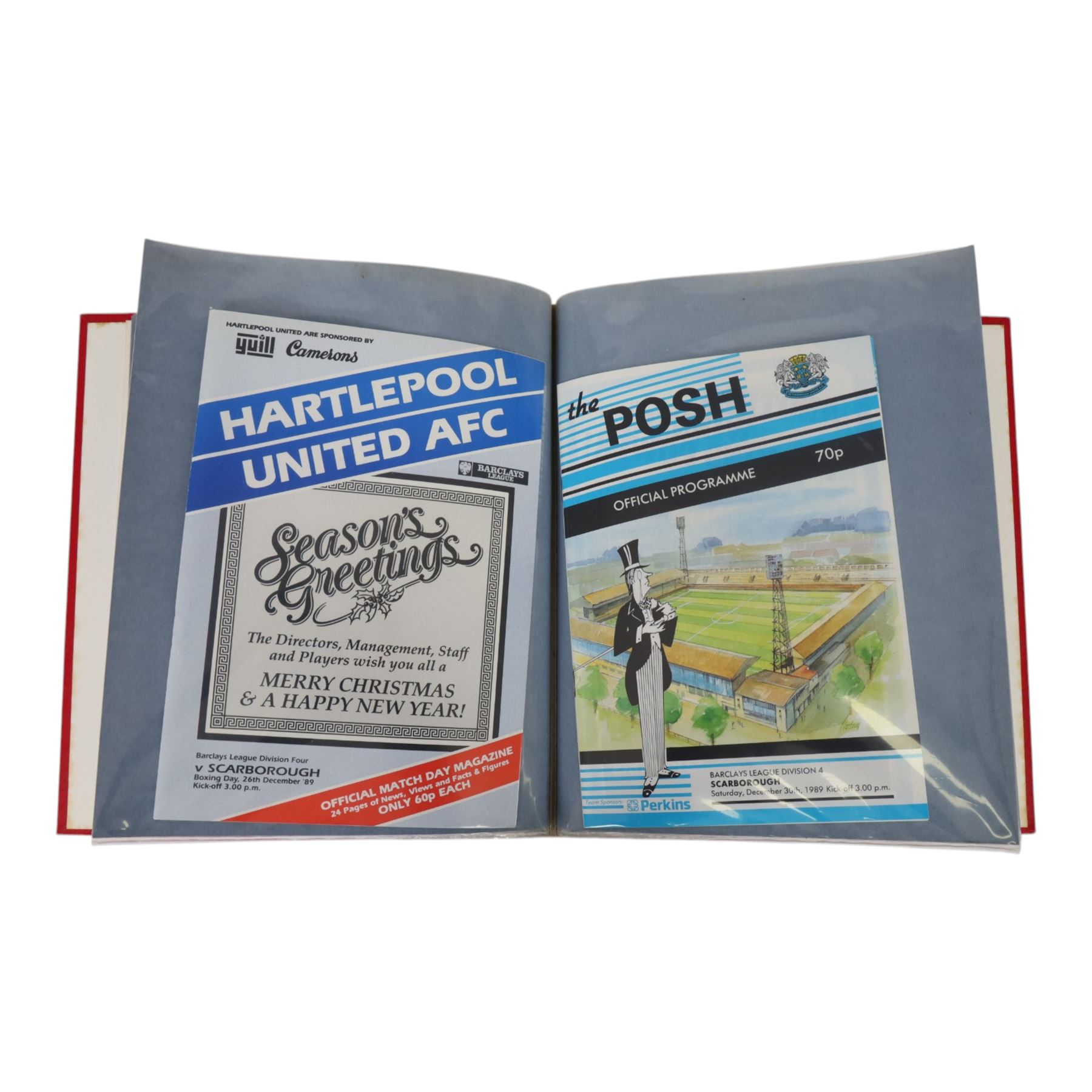 Comprehensive collection of approximately one-hundred and ninety Scarborough FC football programmes for the 1979/80, 1980/81 and 1981/82, 1982/83 seasons, all filed within eight dedicated Scarborough FC red Home and Away binders