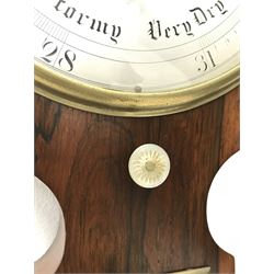 Early 19th century rosewood four dial banjo barometer, dry/damp dial, mercury thermometer, silvered circular register engraved with urn and scroll decoration, balance signed 'Vassalli Scarborough', fitted with mother of pearl adjusting handle